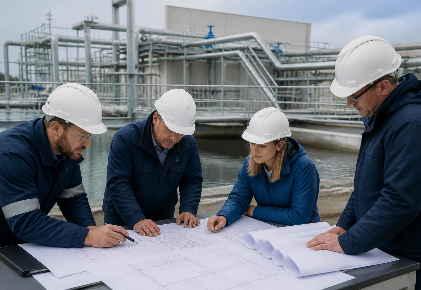 Water Signs engineering team reviewing project drawings at a treatment plant site