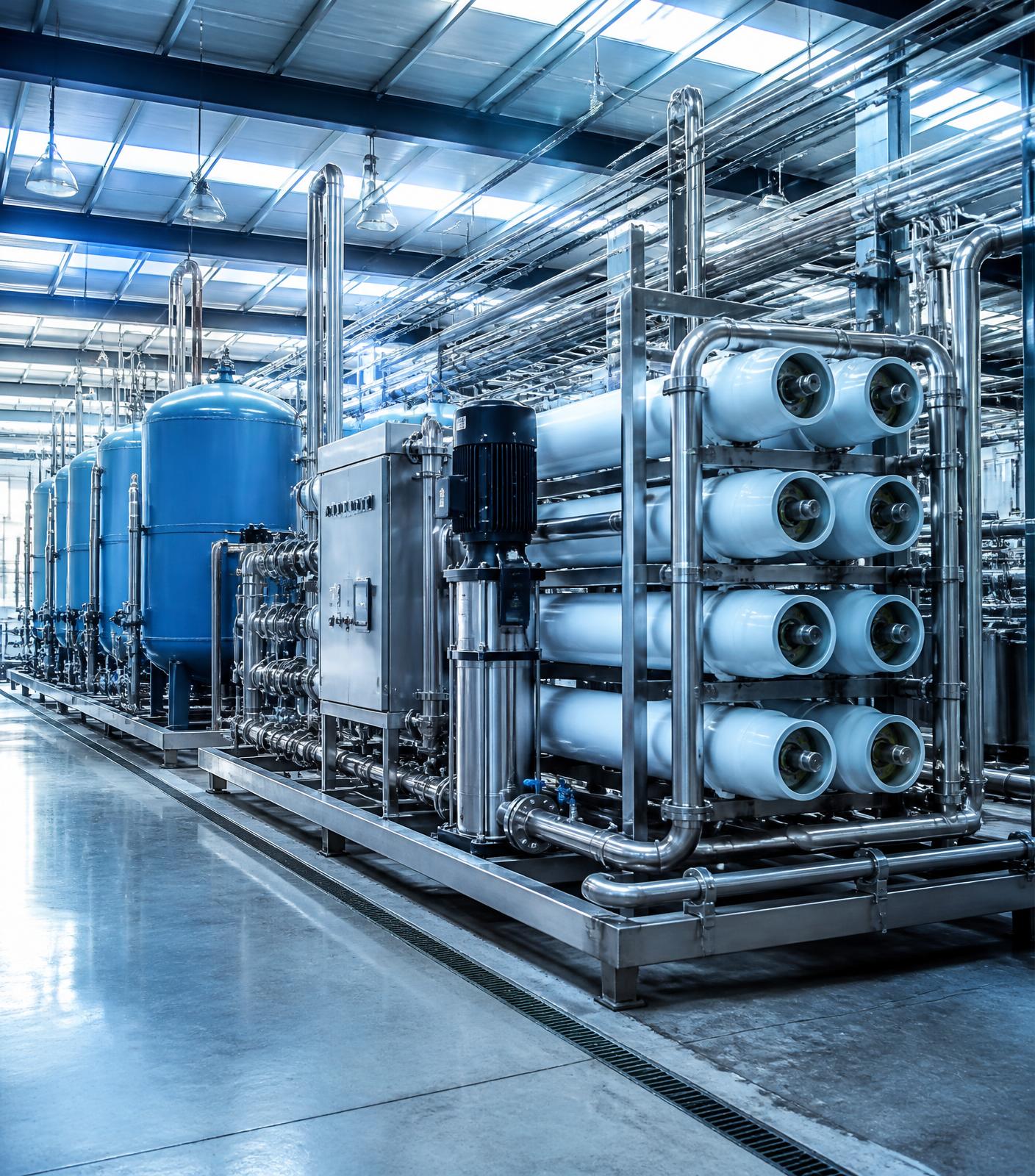 Industrial reverse osmosis and filtration plant with stainless steel piping